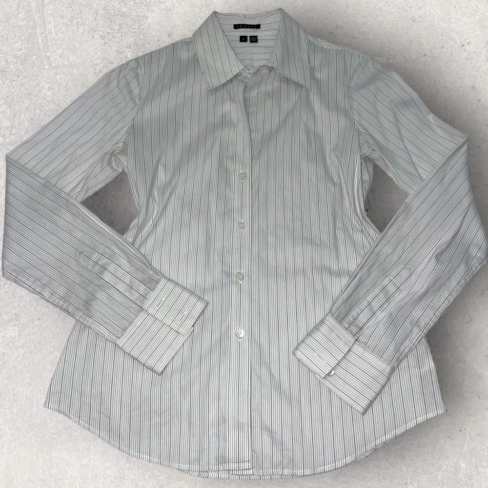Theory Stripe Long Sleeve White Button Down Shirt Size Small